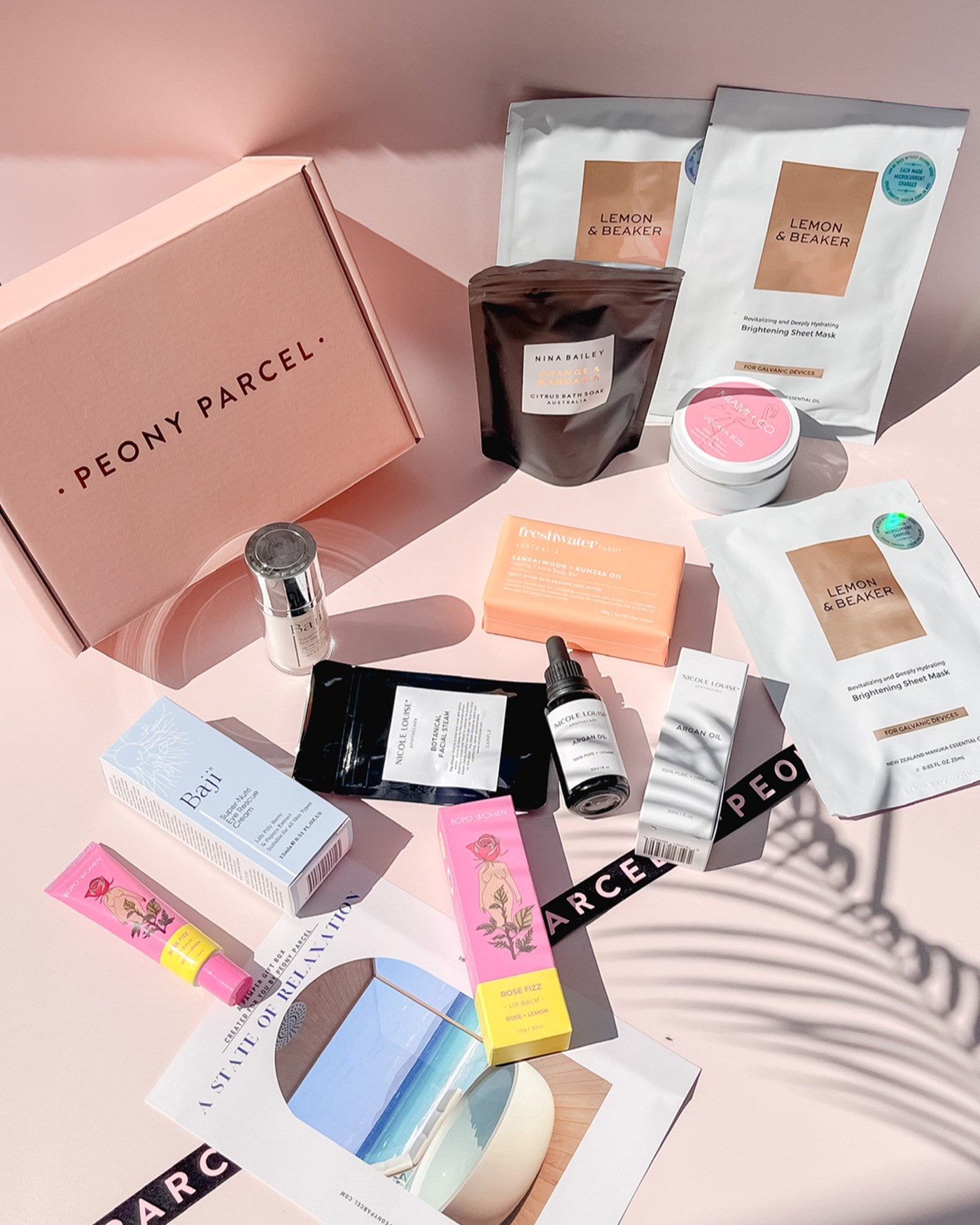 A gift subscription box from Peony Parcel with a slew of beauty goodies.