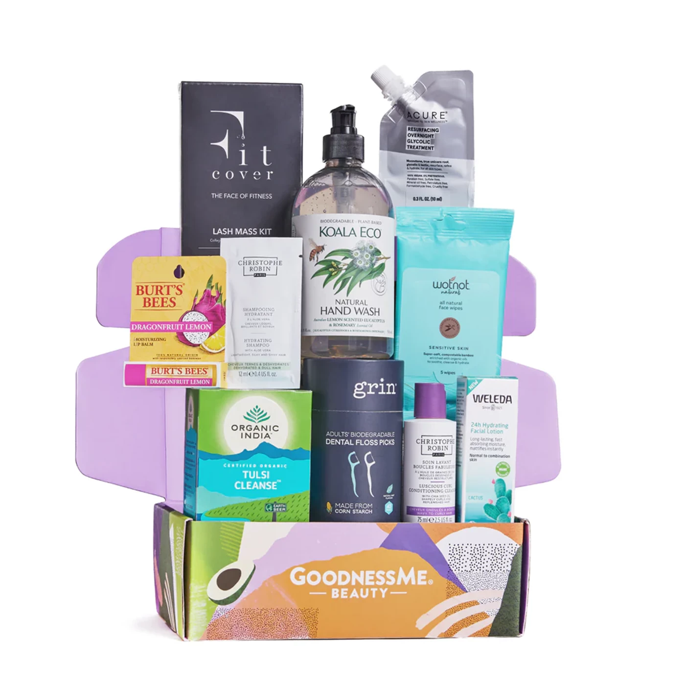 A Goodness Me Beauty box, packed with goodies including hand wash, lip balm and face masks.