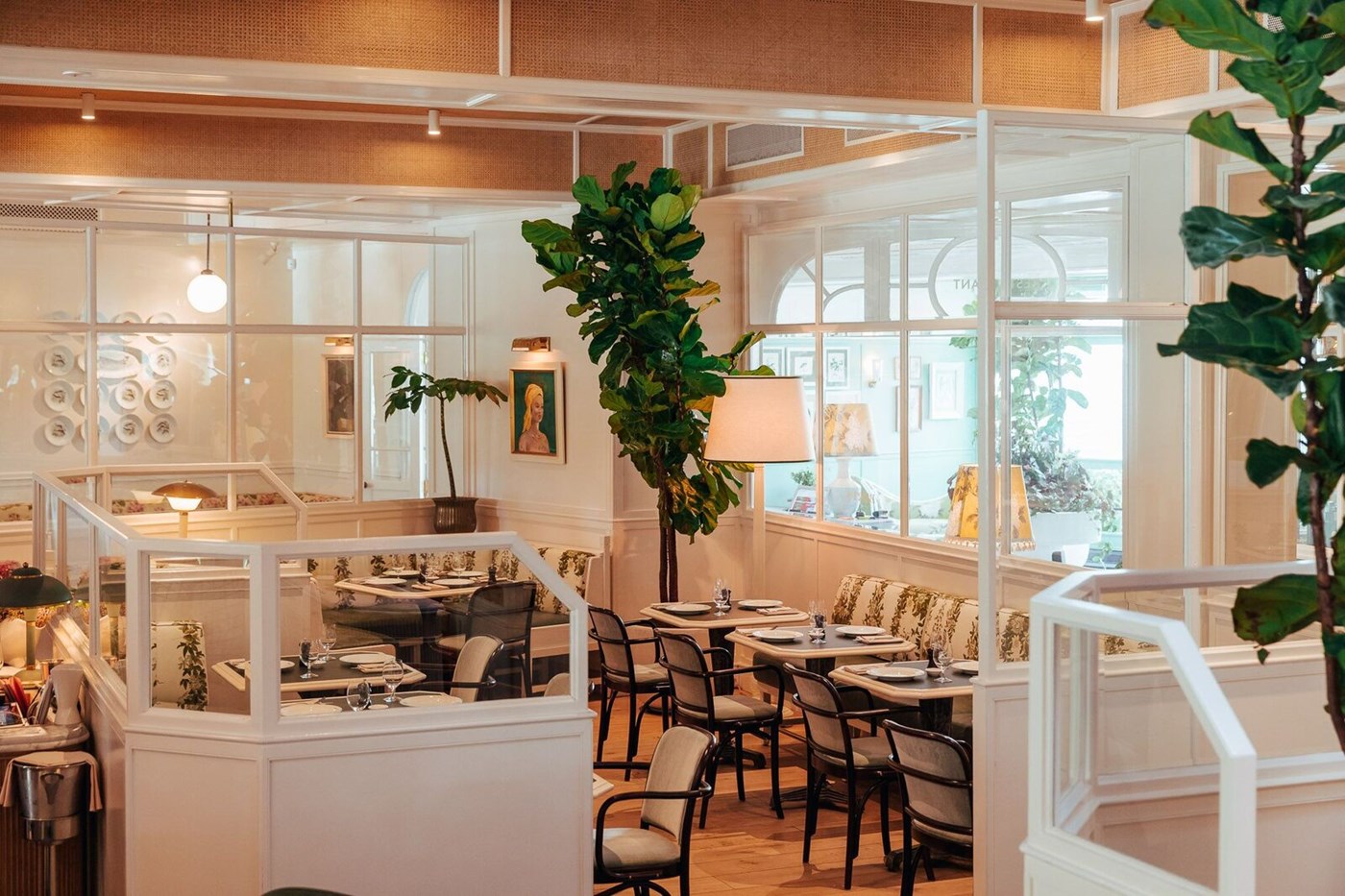 Interior dining room of Bert's Bar & Brasserie with white walls, indoor greenery and neutral colour palette
