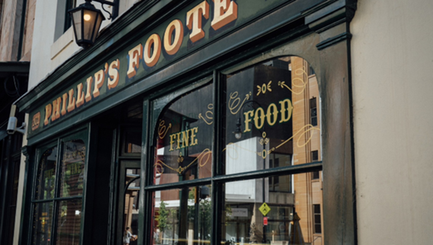 The outside of a restaurant with signage reading "Phillip's Foote" and an old-fashioned look