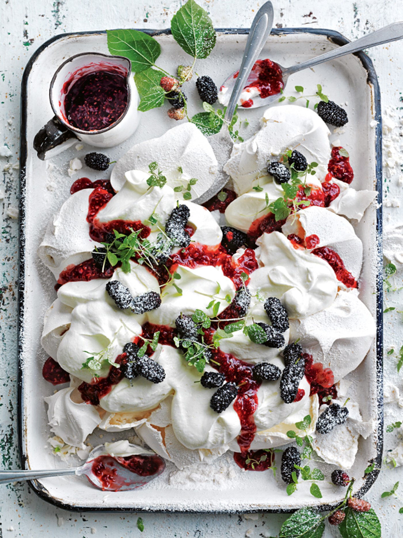 Smashed Pavlova With Mulberries and Roasted Raspberry Jam, Donna Hay