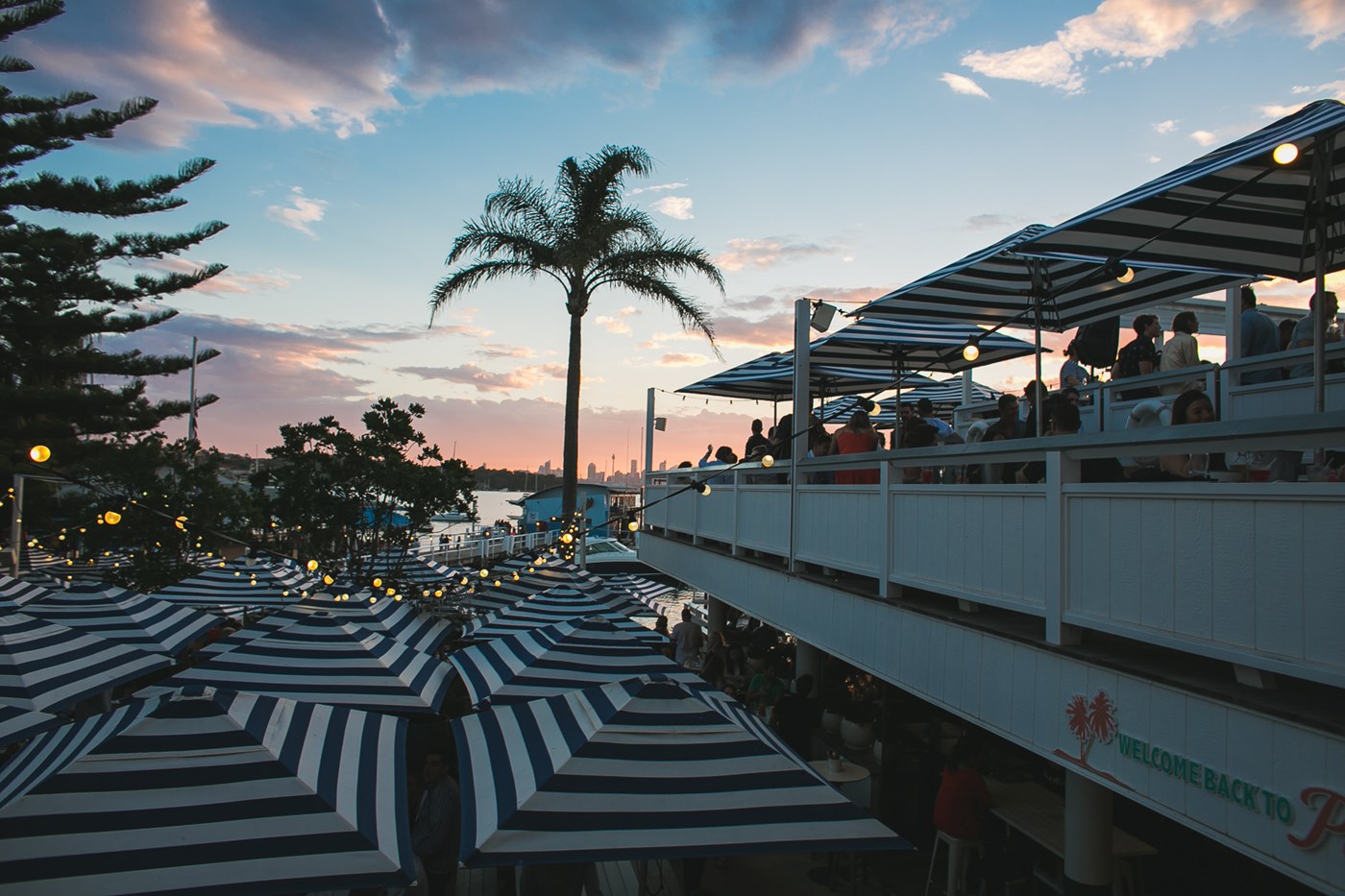 The top deck of wastons bay hotel at sunset dotted with striped umbrellas and palm trees. 