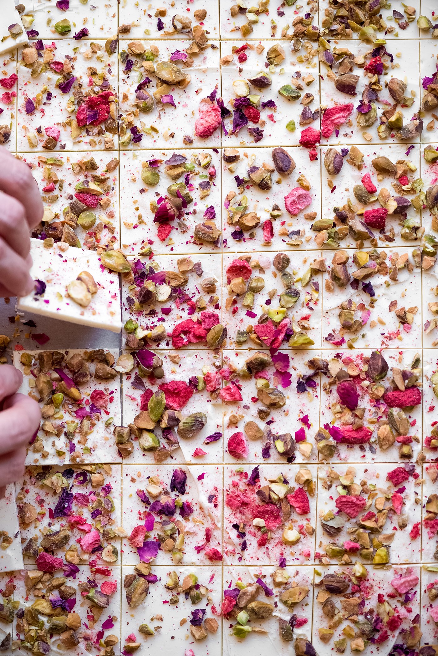 Rose, Strawberry & Pistachio White Chocolate Bark with Pink Sea Salt-  Now, Forager by Teresa Floyd