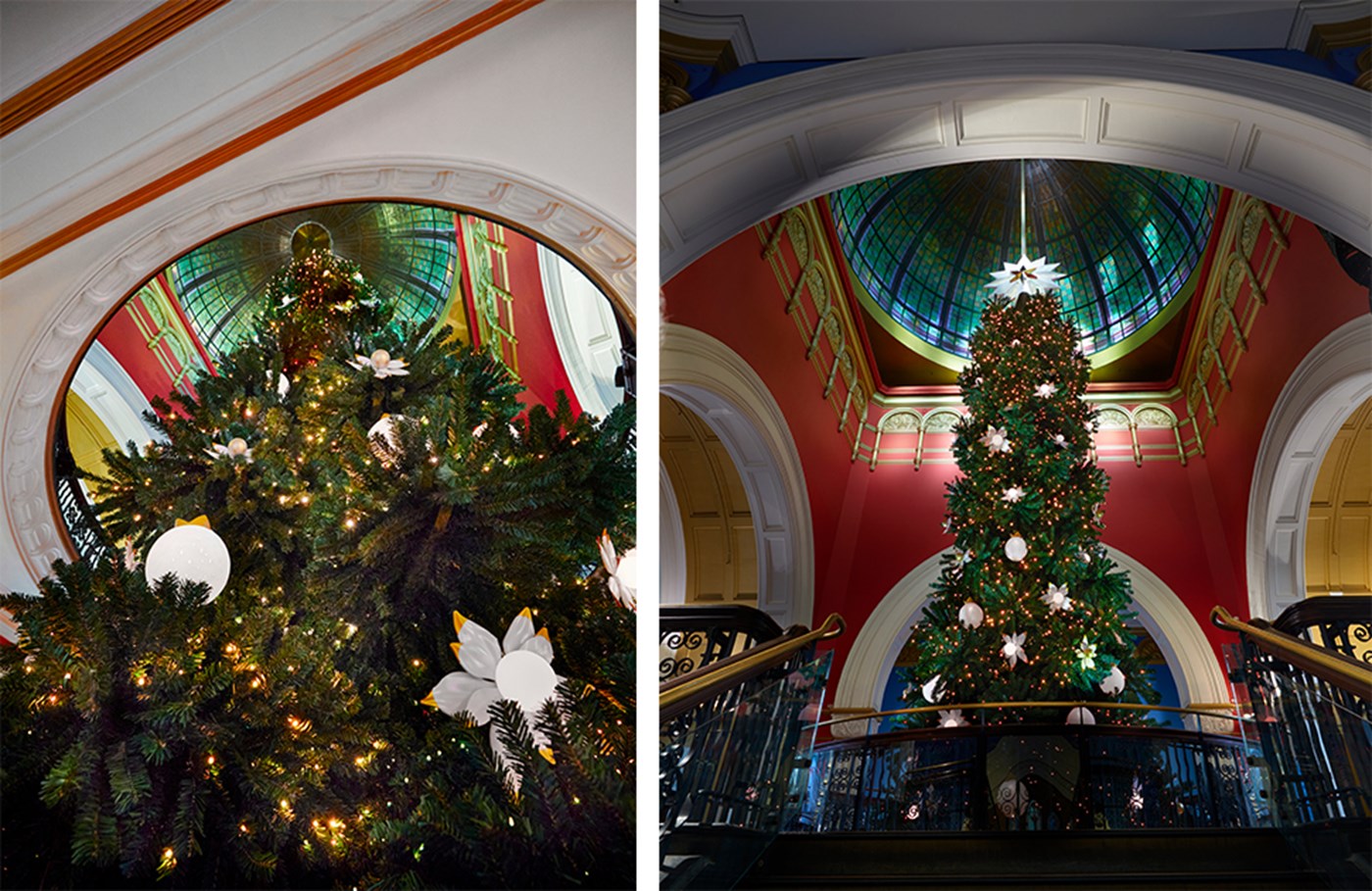 Two side by side pictures of a tall Wollemi pine Christmas tree towering up through three levels of the QVB 