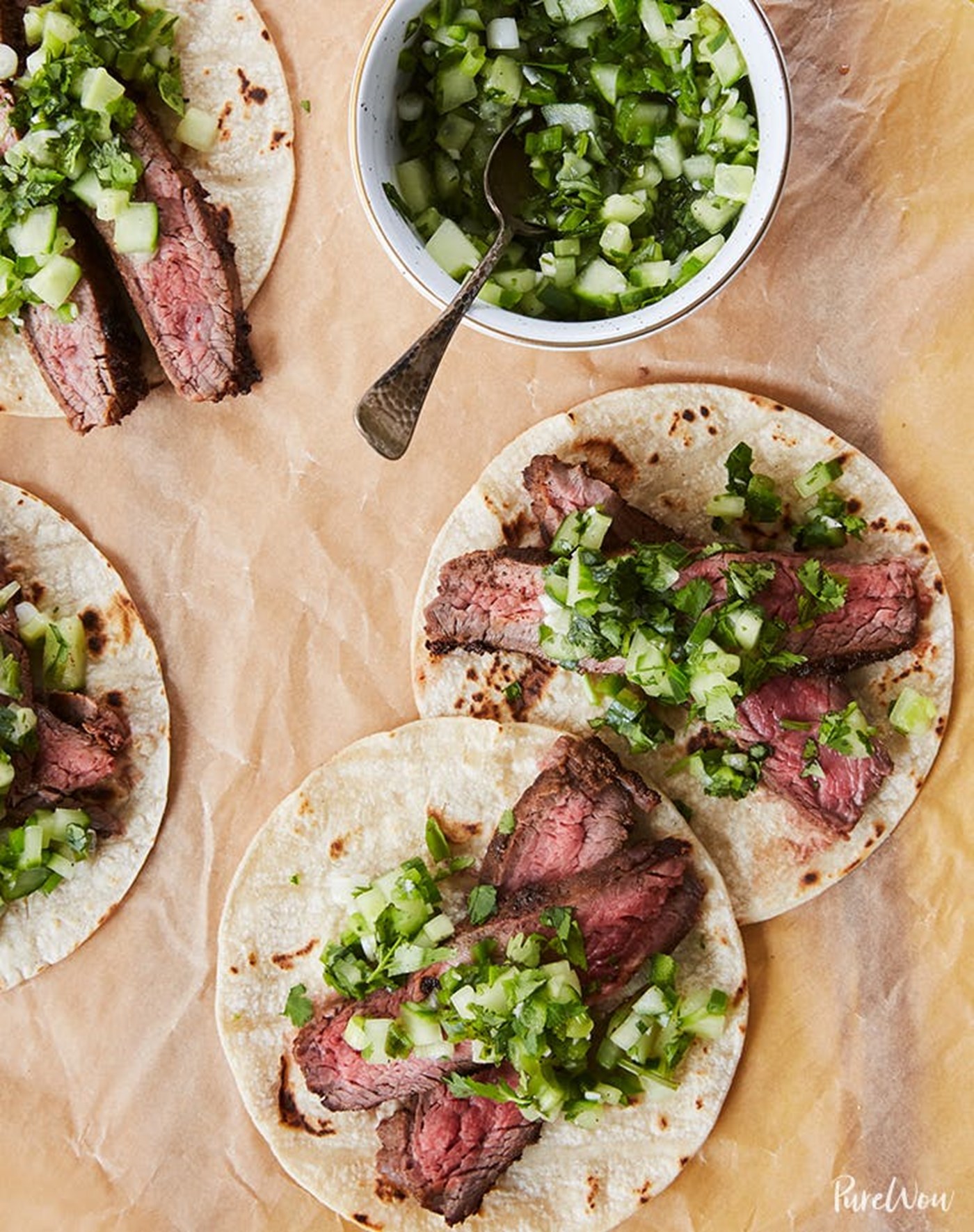 Flank Steak Tacos With Cucumber Salsa, Pure Wow