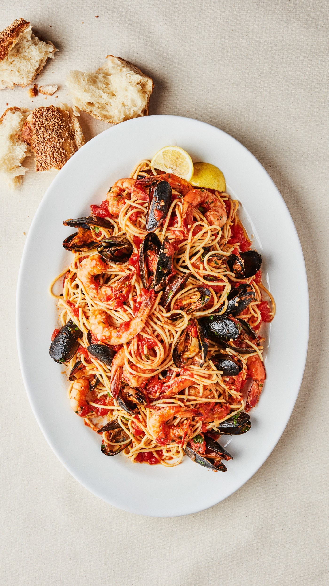 Seafood Spaghetti with Mussels and Shrimp, Bon Appetit