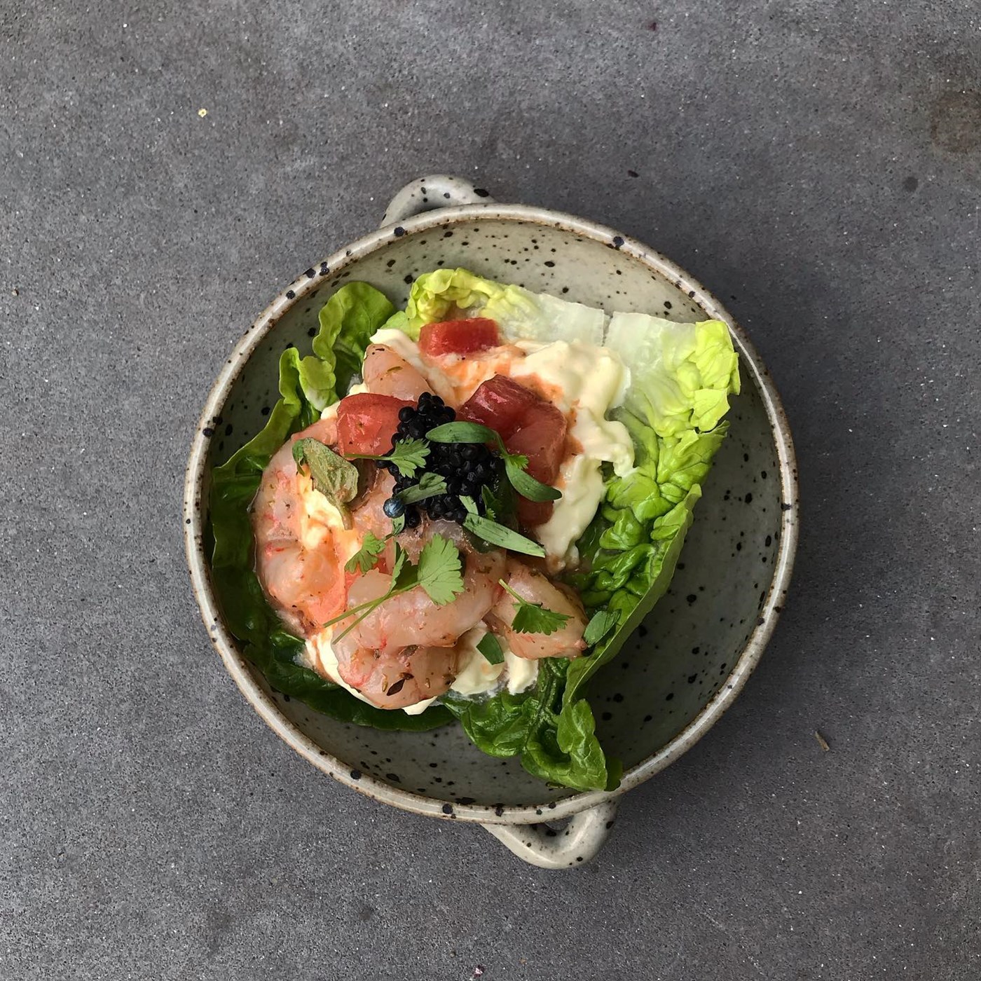 a bowl of prawn salad from Mocan And Green Grout