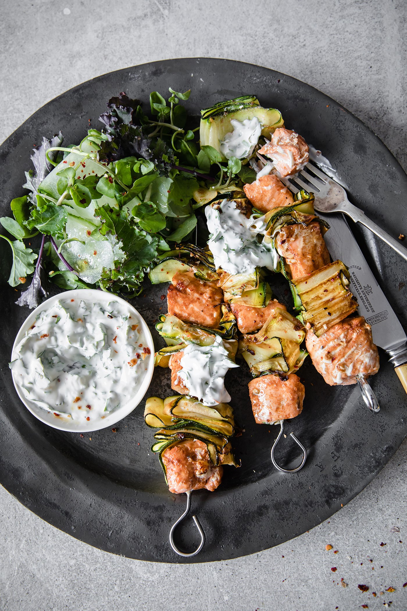 Paprika & Lime Salmon Kebabs With Herby Coconut Yoghurt