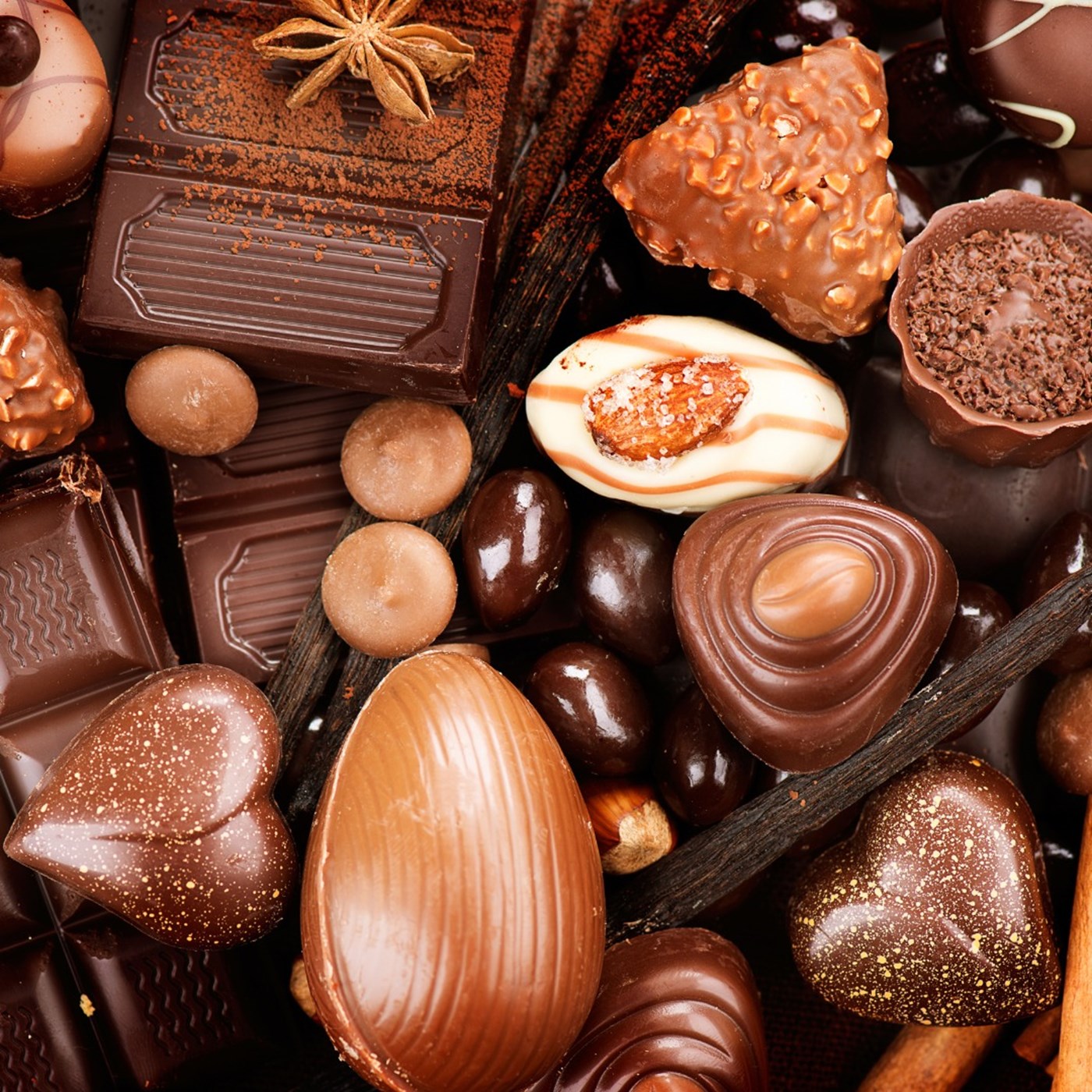 Chocolates of varying size, shape and colour. 