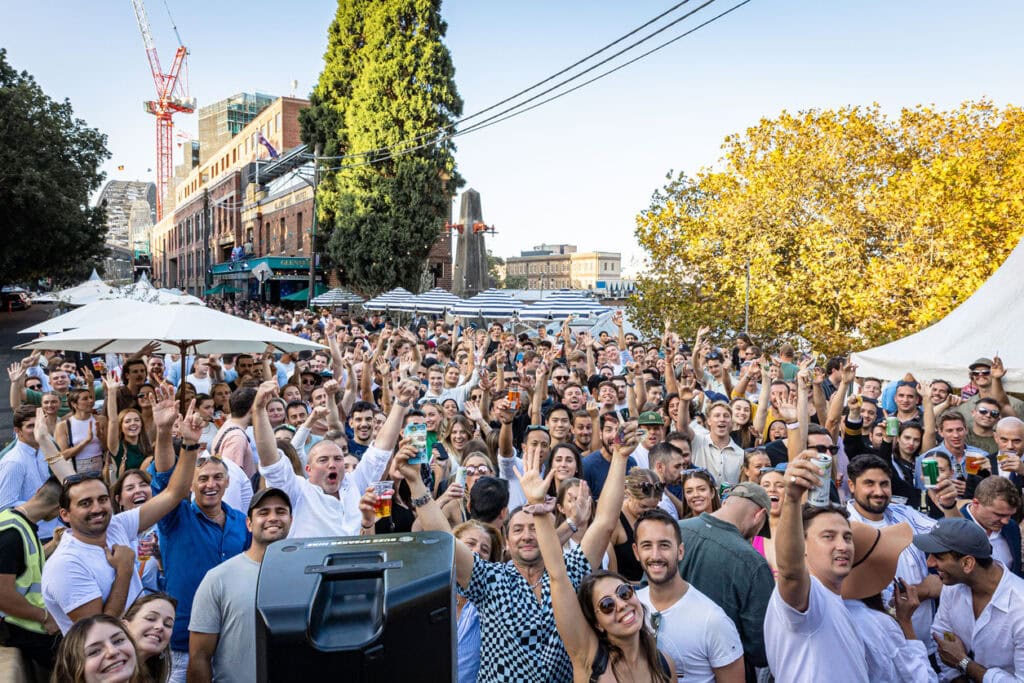 The crowd enjoys Anzac Day at The Glenmore Hotel in The Rocks, Sydney.
