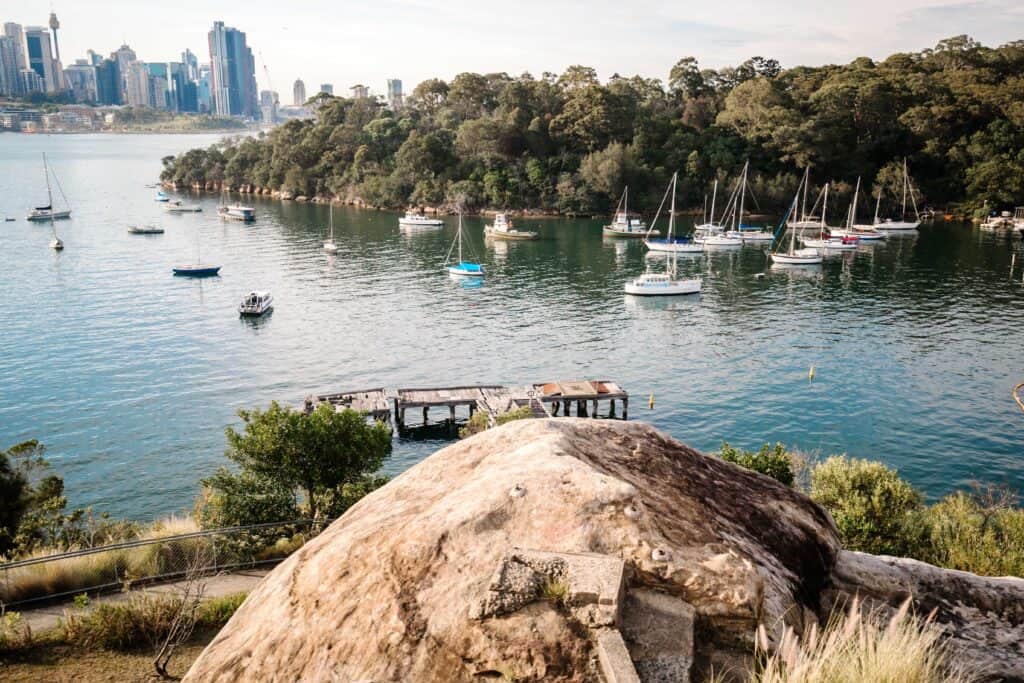 The view from Balls Head Reserve with the harbour and city of Sydney in the background.