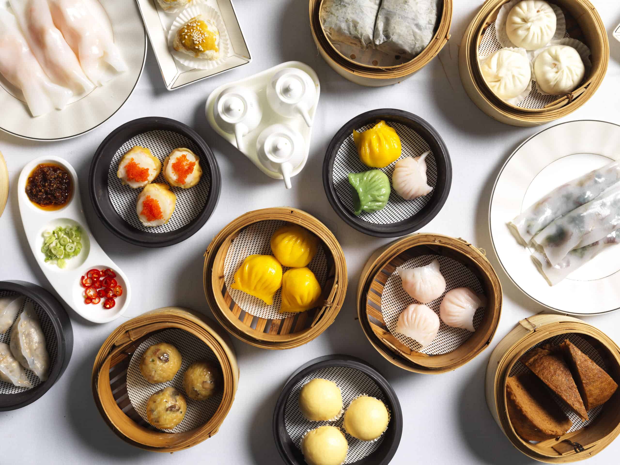 A colourful spread of yum cha dishes at Golden Century in Barrangaroo.