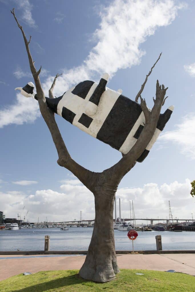 cow in a tree sculpture docklands