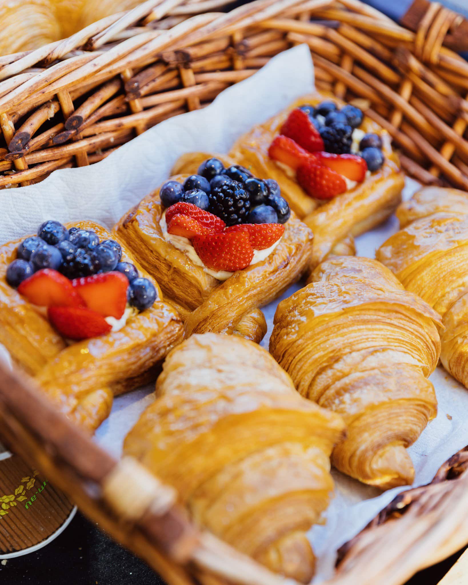 Fresh pastries displayed at the markets.