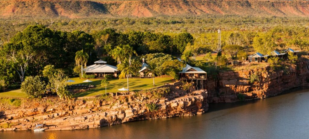 An aerial view of the cliffside accomodation at El Questro Homestead in The Kimberley