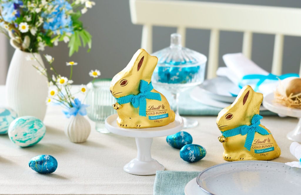 Two Lindt Gold bunnies scattered on a table.