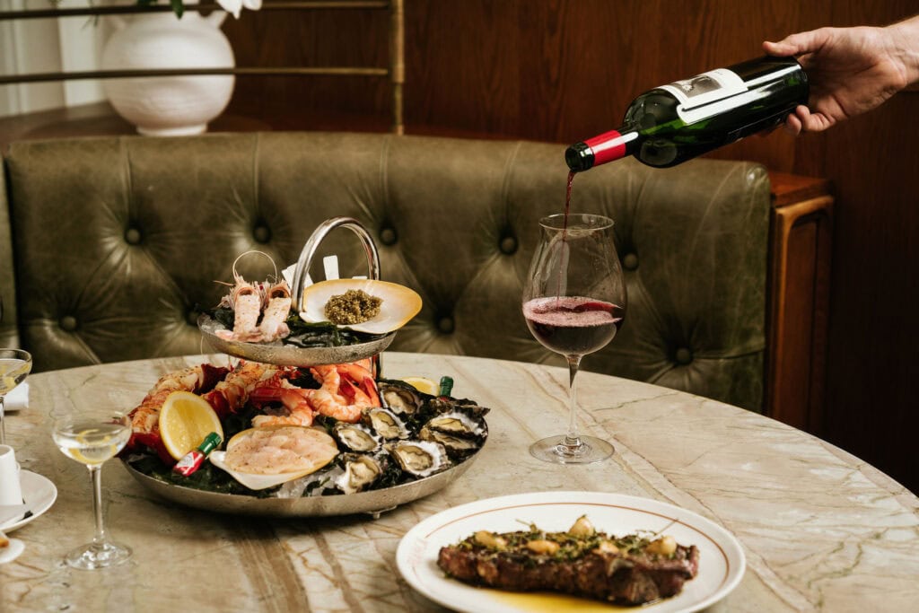 A seafood selection and red wine at Franca Brasserie