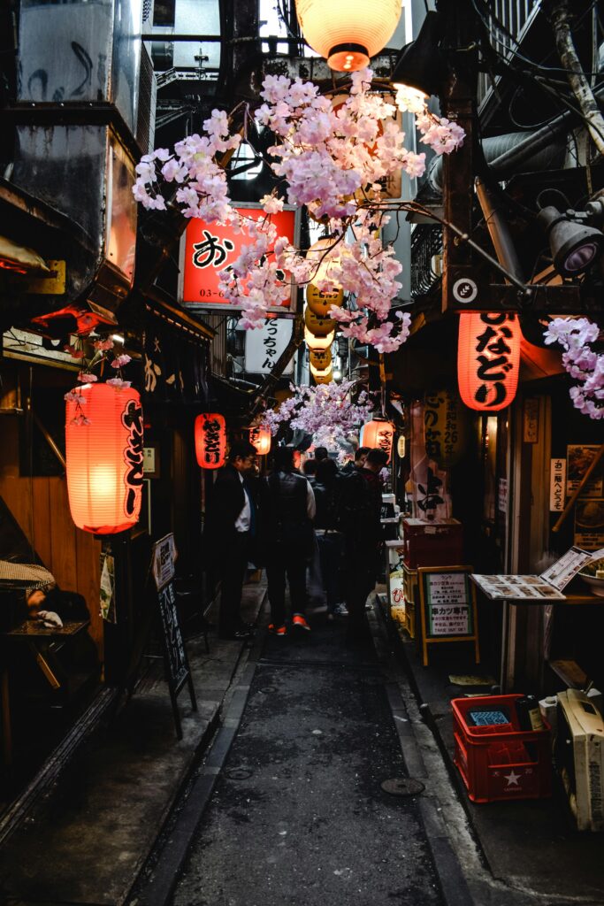 People walking down a narrow, lantern-filled street in Tokyo at night. (Image Credit: Eva Bronzini)
