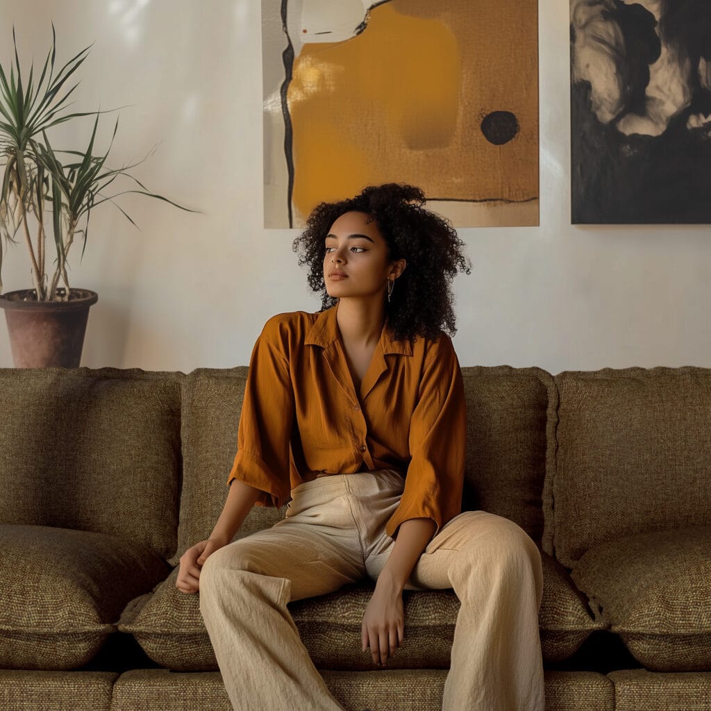 A woman sits on the Lifely Sofa