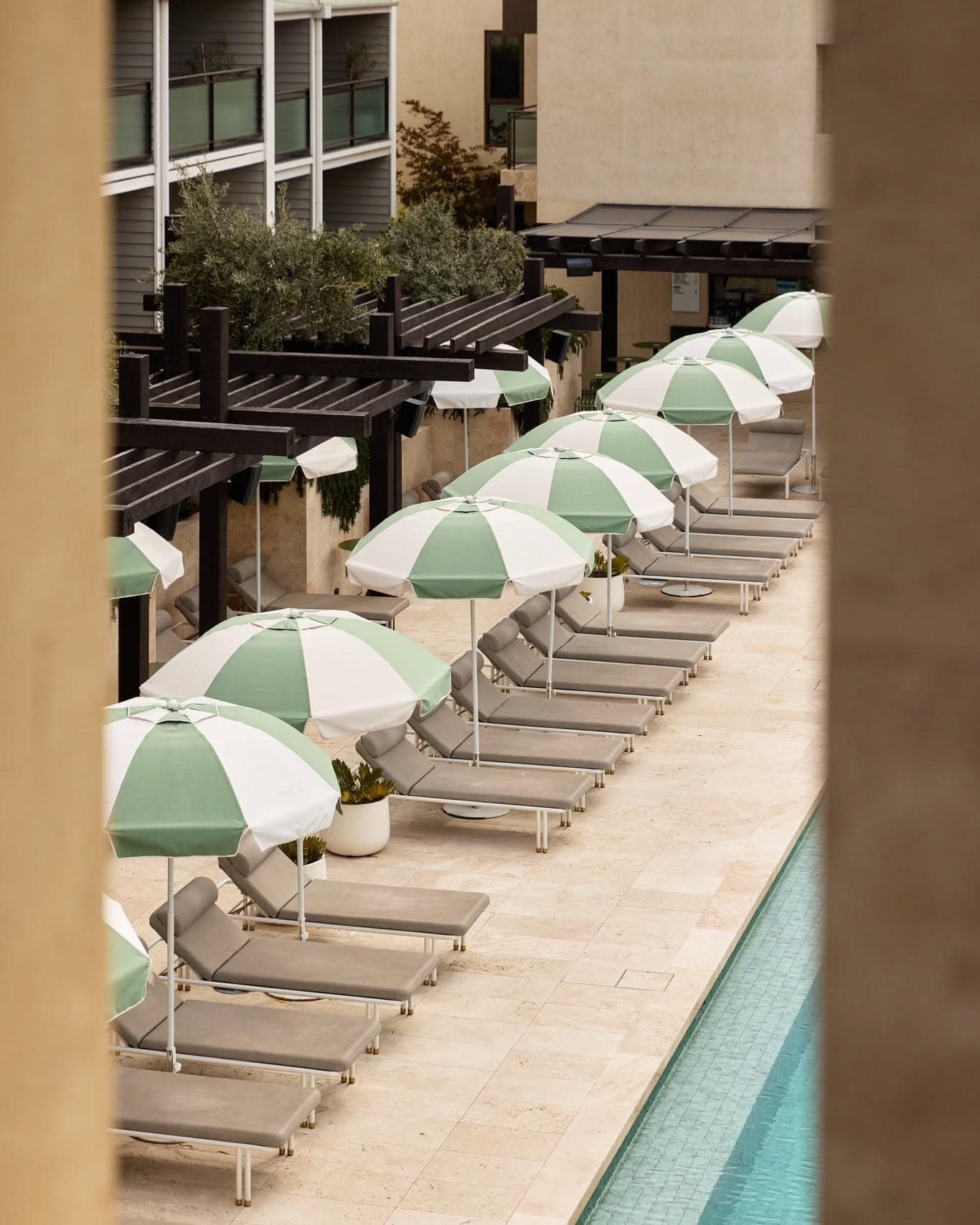 Hotel Sorrento's luxury swimming pool lined with sun loungers and sage-green striped umbrellas on a Mediterranean-inspired terrace.