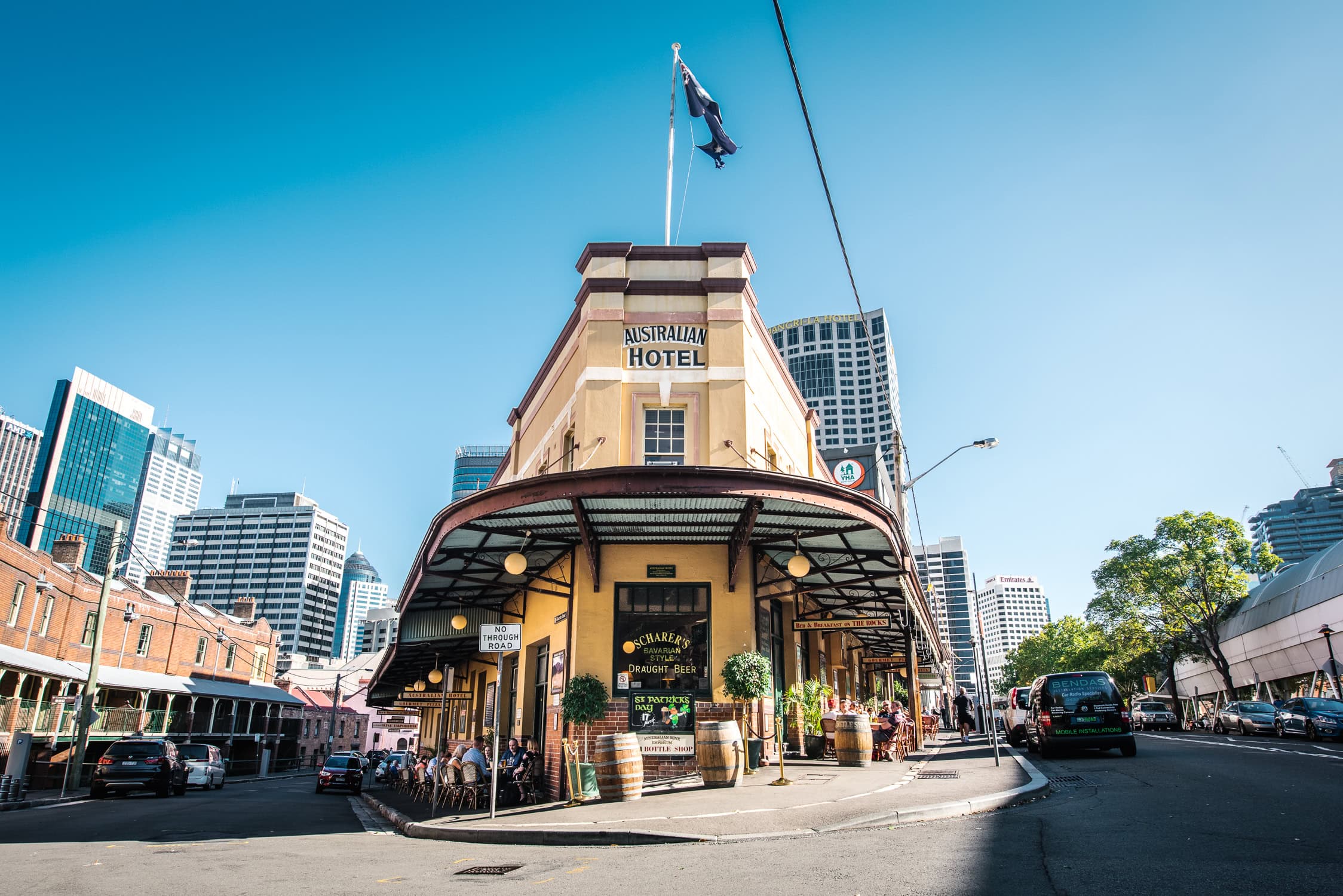 Heritage corner pub facade with Australian Hotel signage in The Rocks Sydney