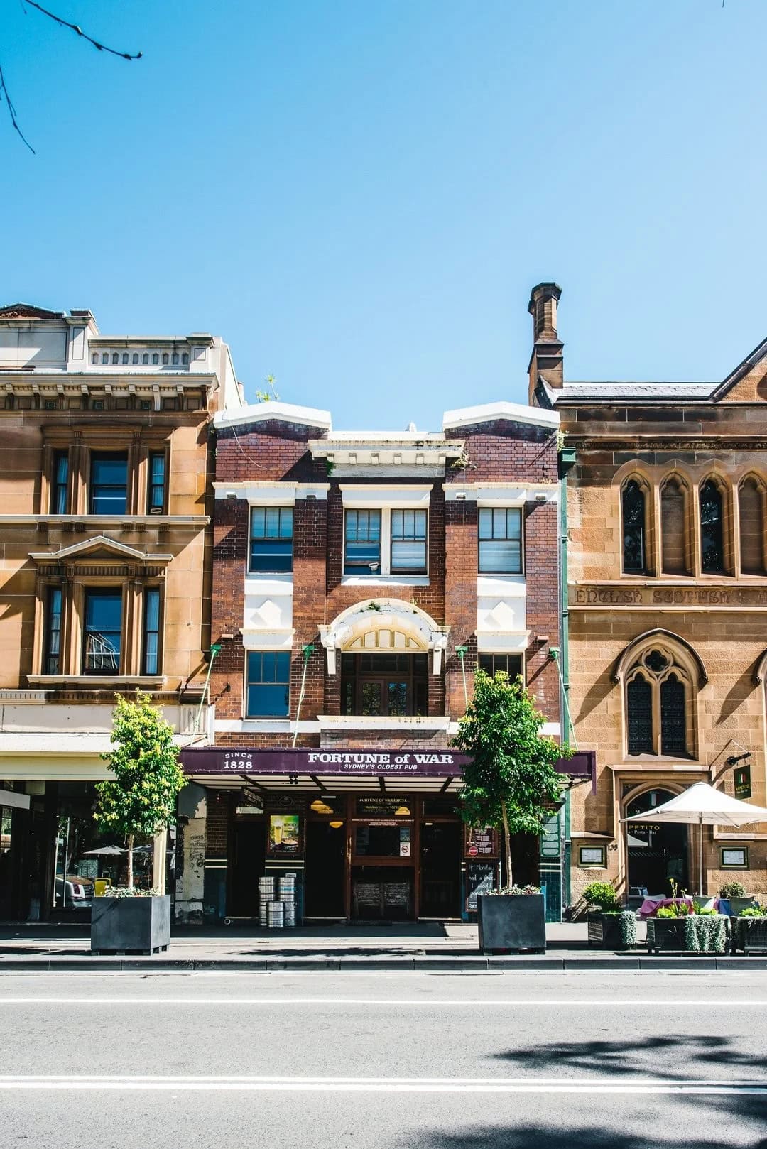 Heritage pub facade with Fortune of War signage in The Rocks Sydney