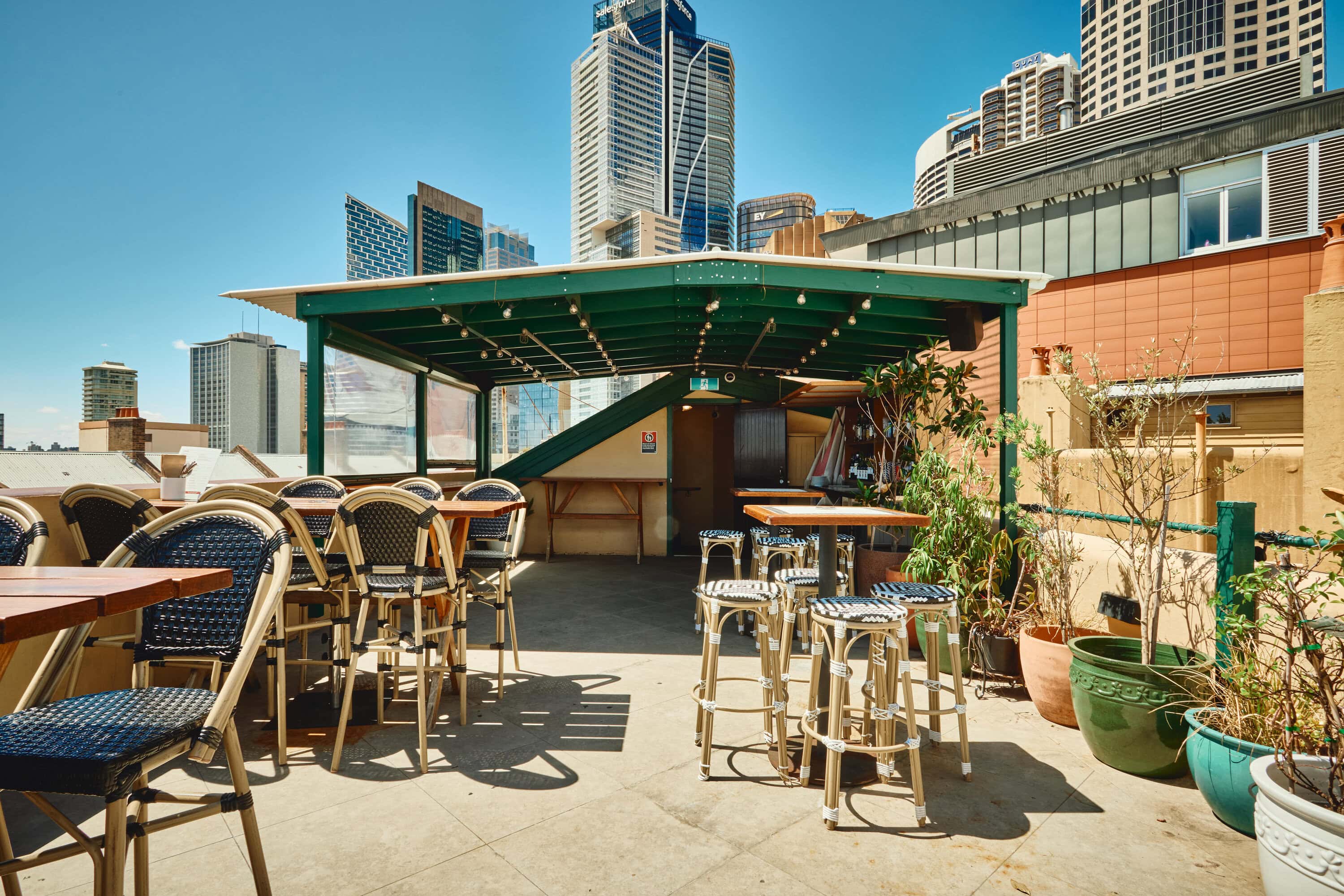 Rooftop terrace with city skyline views at Australian Heritage Hotel The Rocks Sydney