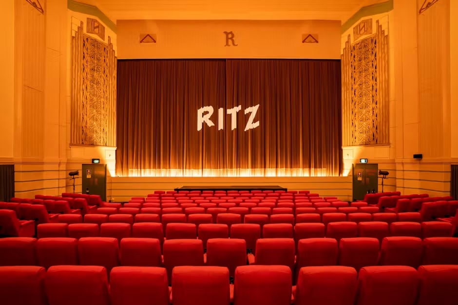 Art deco cinema auditorium with red velvet seating at The Ritz Randwick Sydney