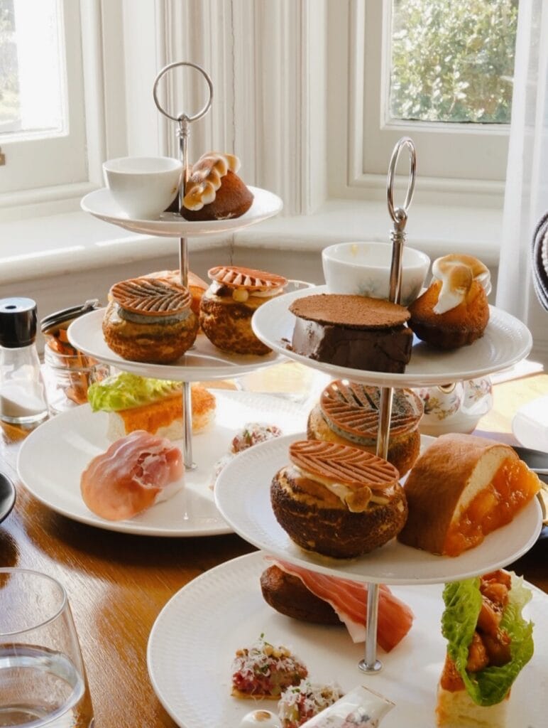 High tea towers with pastries, savouries and sweets at Maylands Lodge in Hobart.