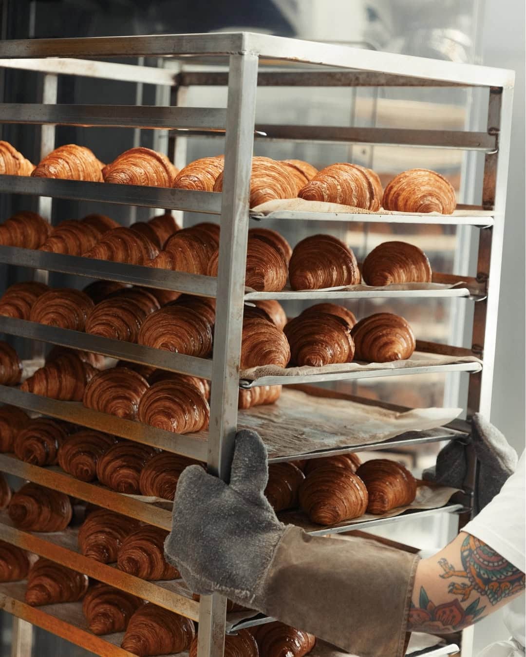 A pastry chef taking out trays of croissants from the oven at Sprout Artisan Bakery in Brisbane.