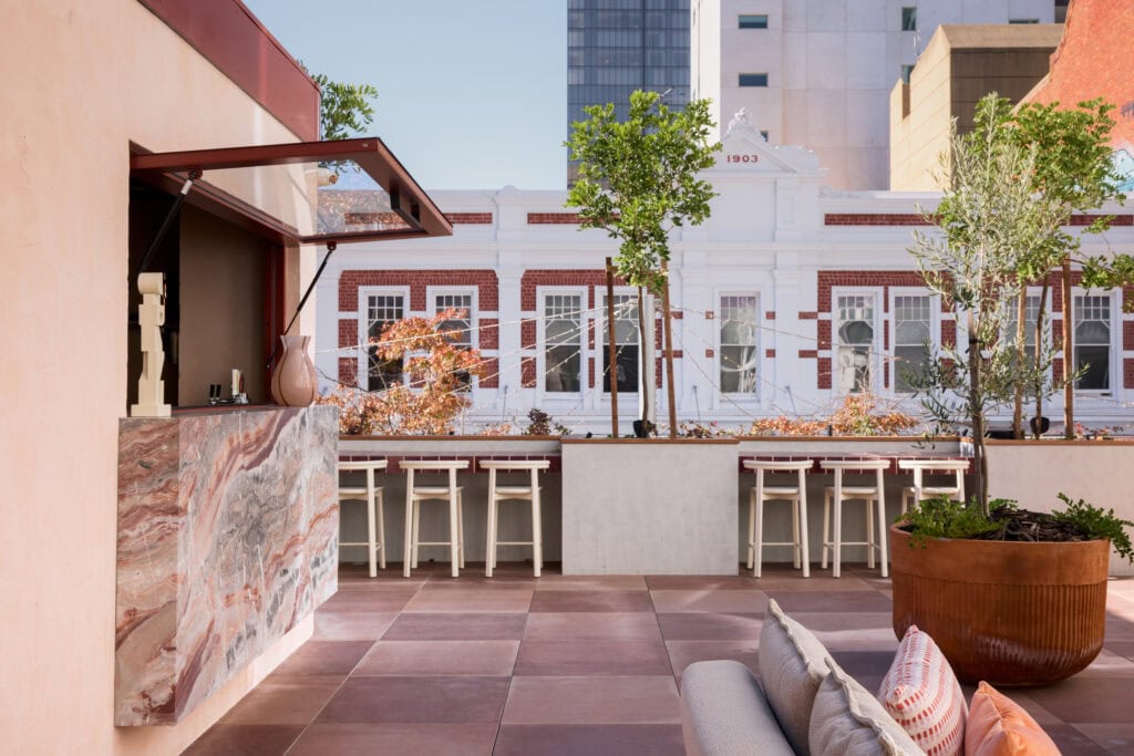 Terrace view of Farra's rooftop bar at Hyde Hotel in Perth