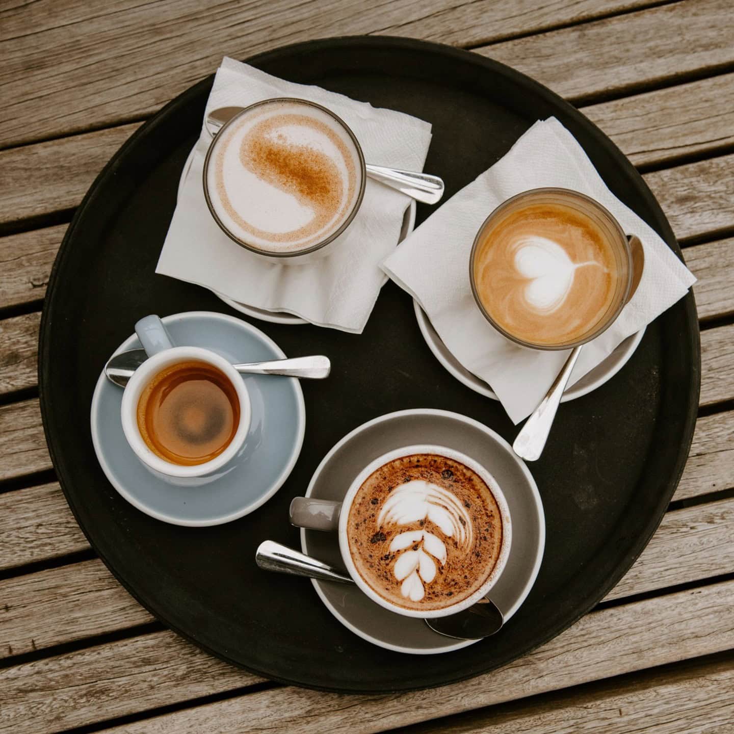 A tray of coffees at Side Story Cafe in Marrickville.