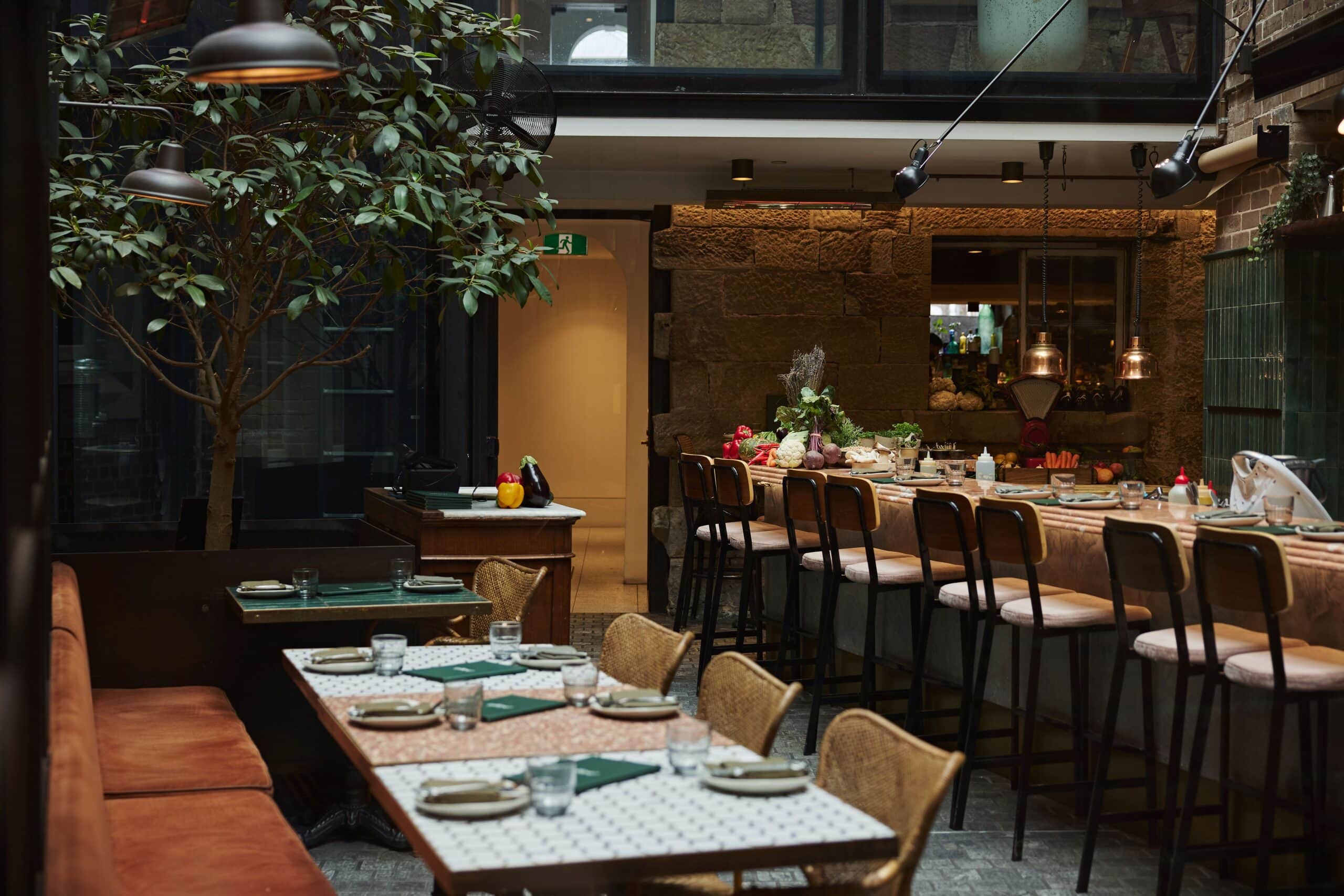 Glass atrium dining room with indoor tree open kitchen and terrazzo bar at Shaffa Surry Hills Sydney