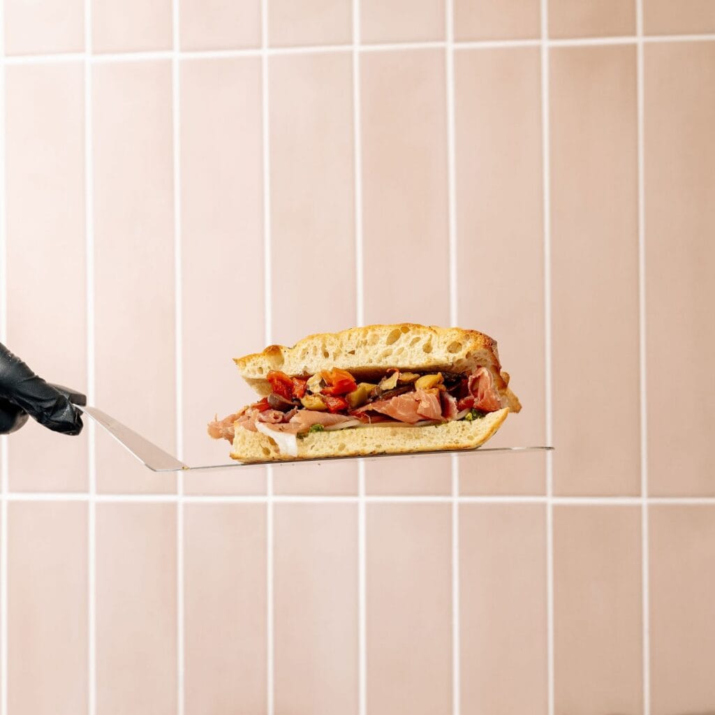 Prosciutto and roasted vegetable schiacciata sandwich at Fresca Queanbeyan NSW