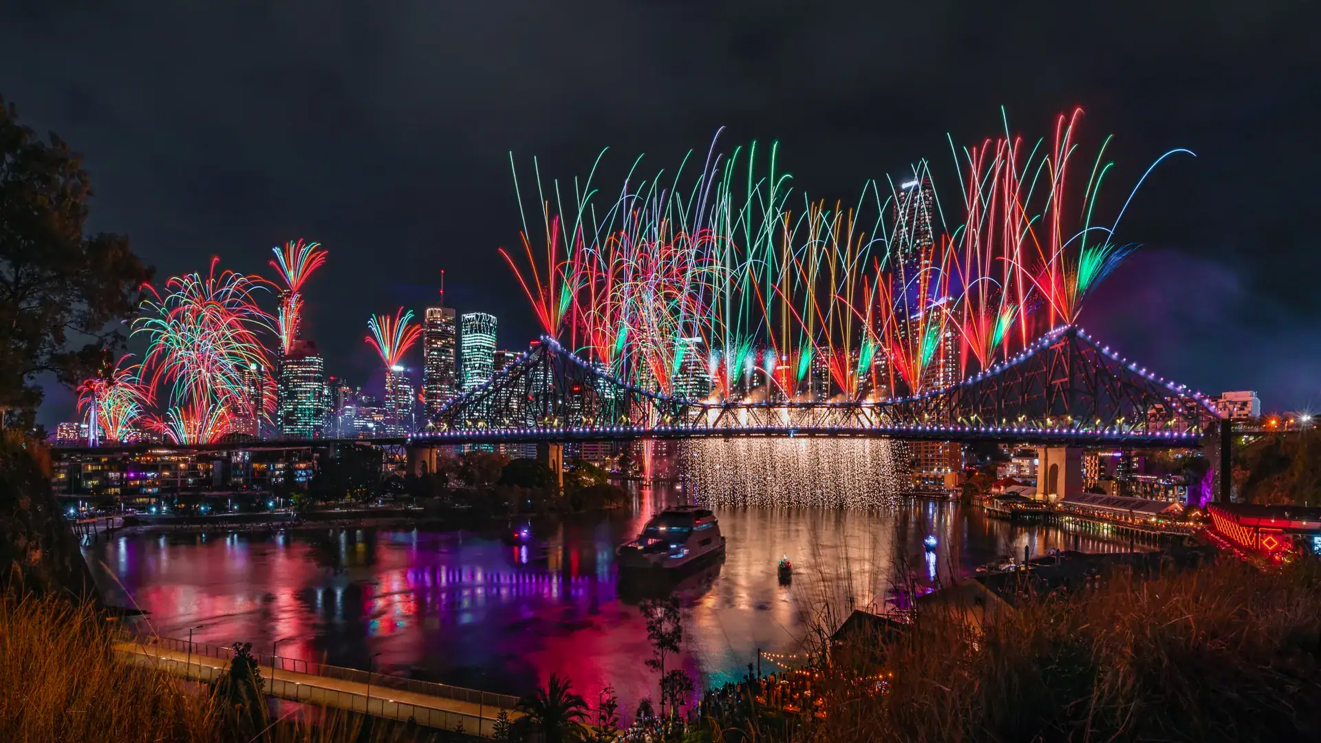 Fireworks above the Story Bridge as part of the annual Riverfire festival.
