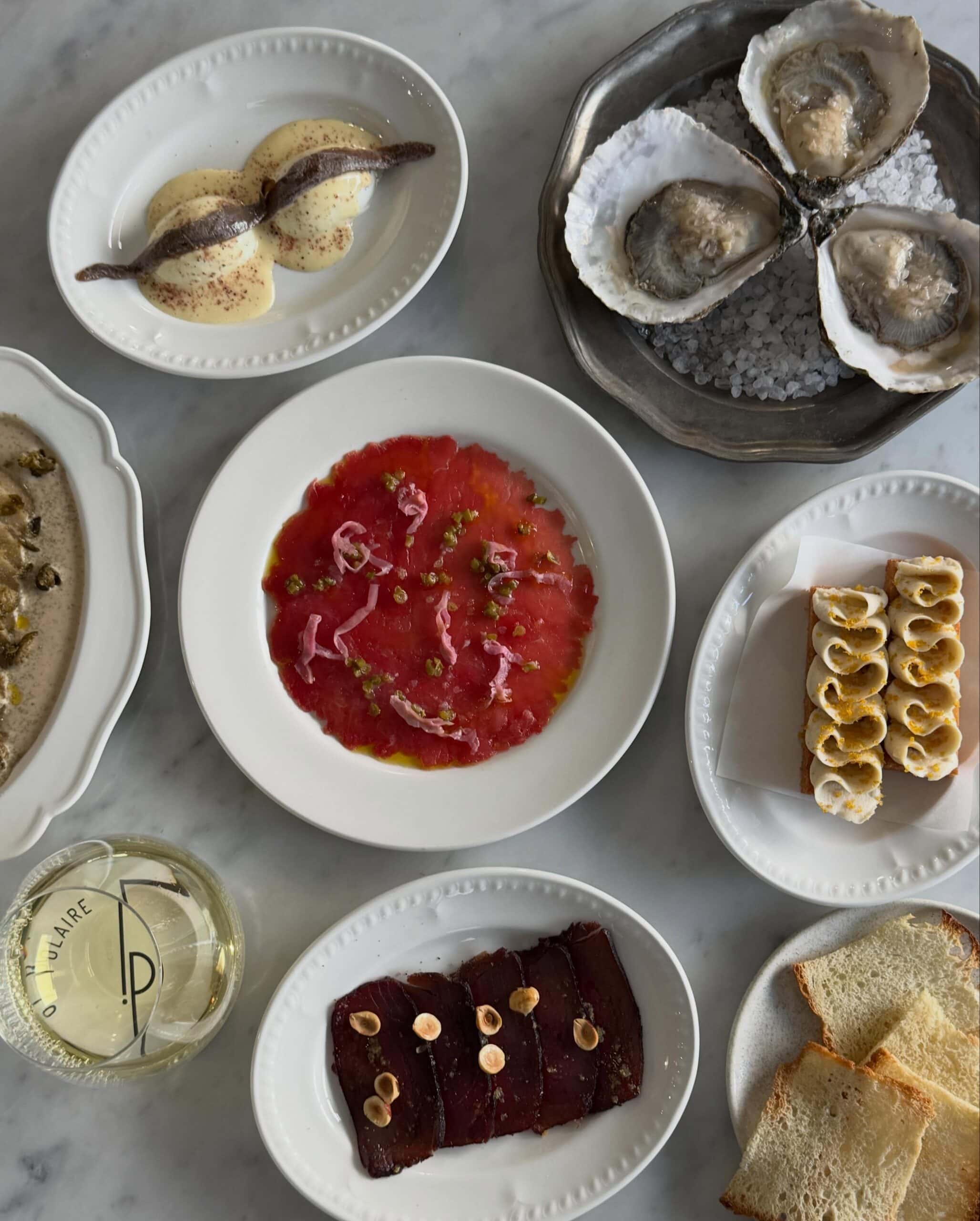 Selection of dishes include oysters and tuna crudo at Institut Polaire, Hobart.