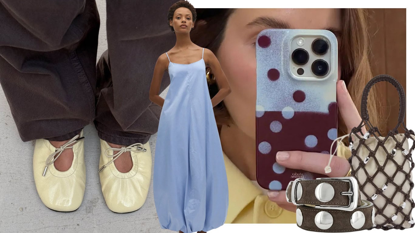 ballet flats, phone case, a dress, a bag and belt