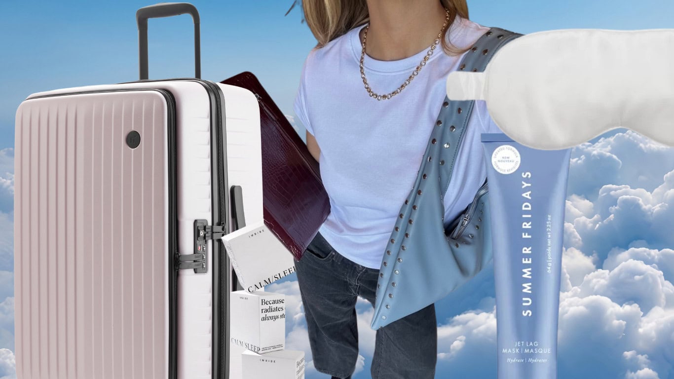 Suitcase, Laptop Holder, Face Mask, Eye Mask and Sleep Support on a cloudy background