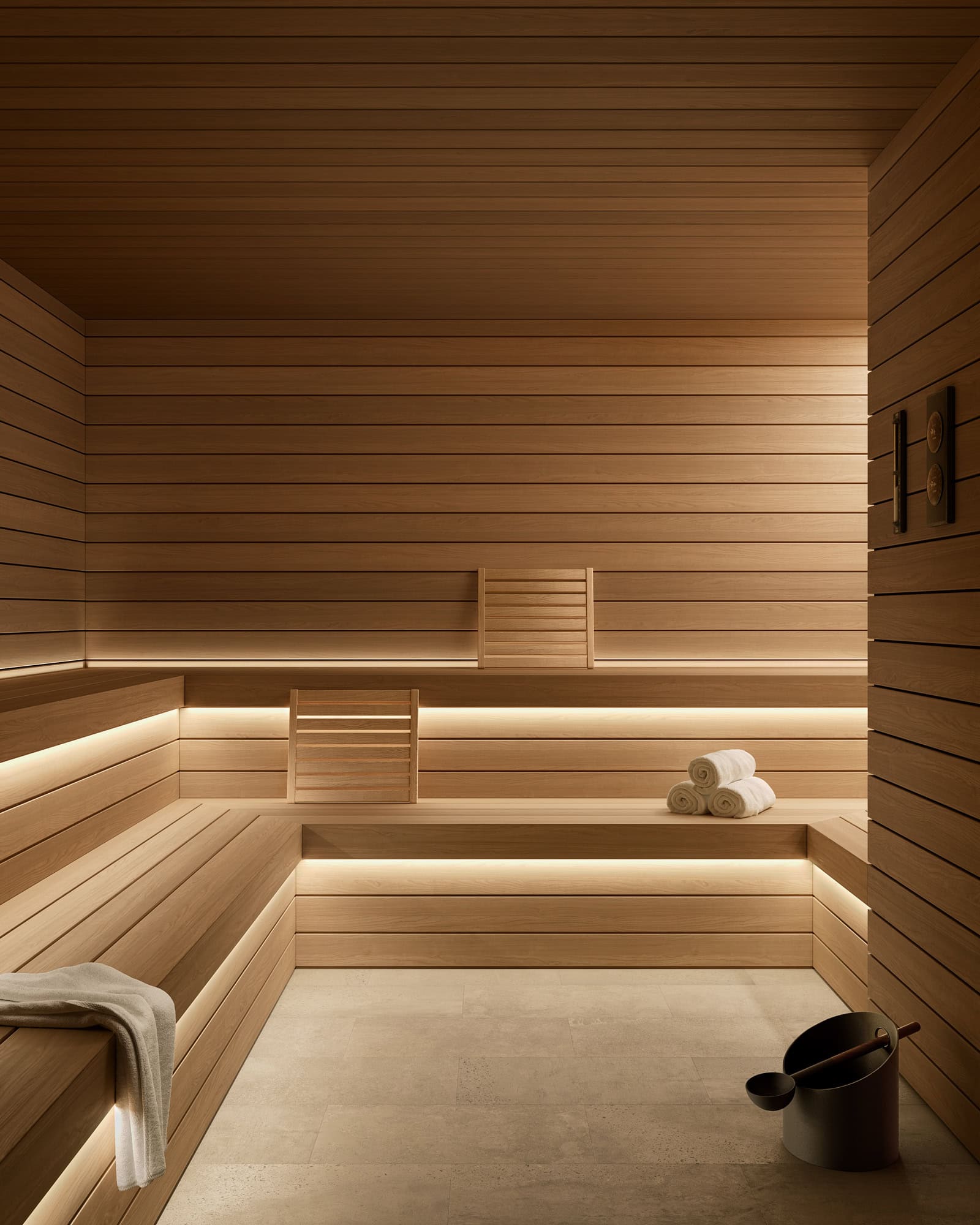 A render of the sauna for The Bathhouse Fish Lane.