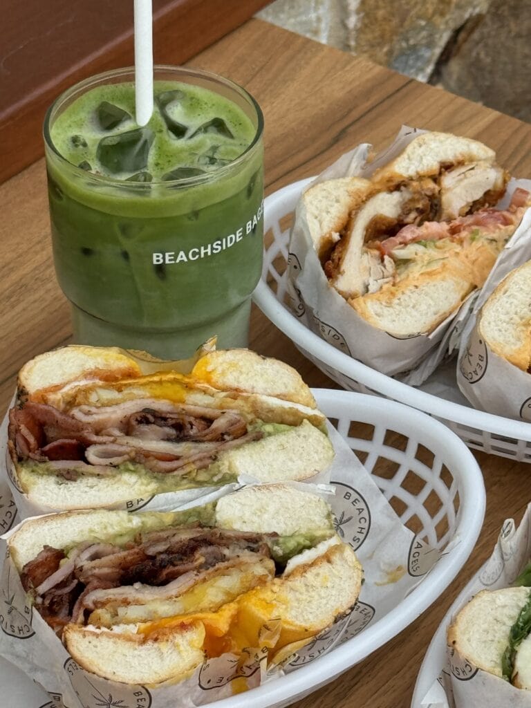 Bagels and matcha from Beachside Bagels in Adelaide.