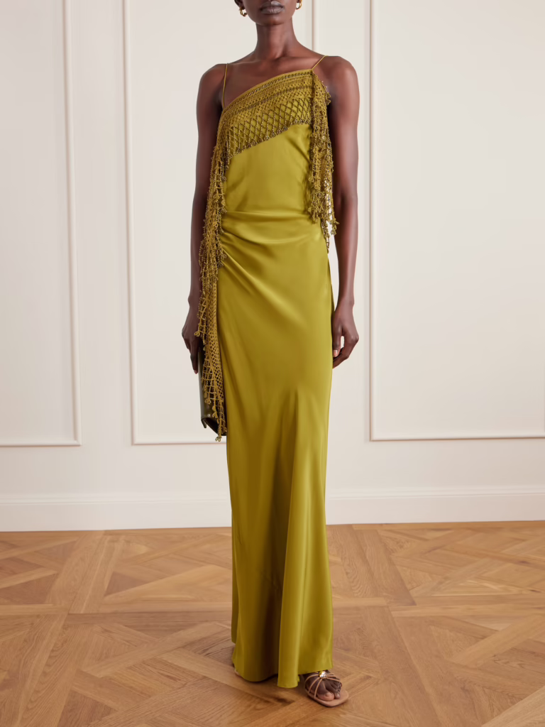 Christoper Esber Beaded Crocheted-Trimmed Silk-Satin Maxi Dress