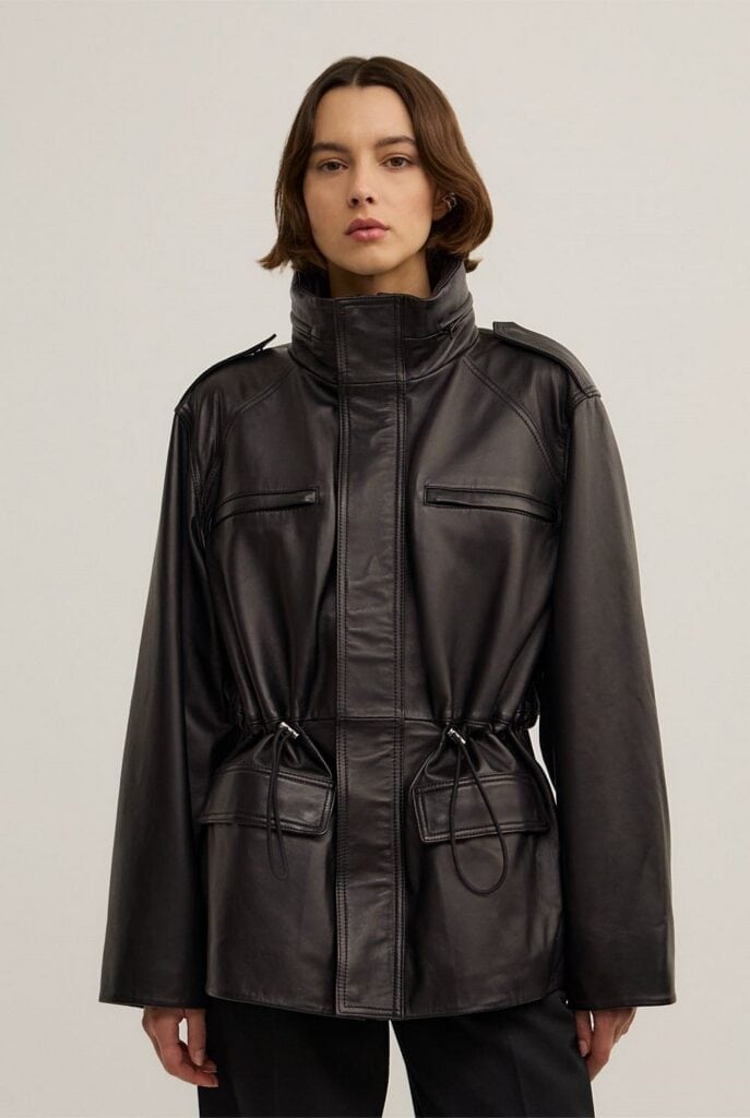 Witchery Leather Drawcord Funnel Neck Jacket