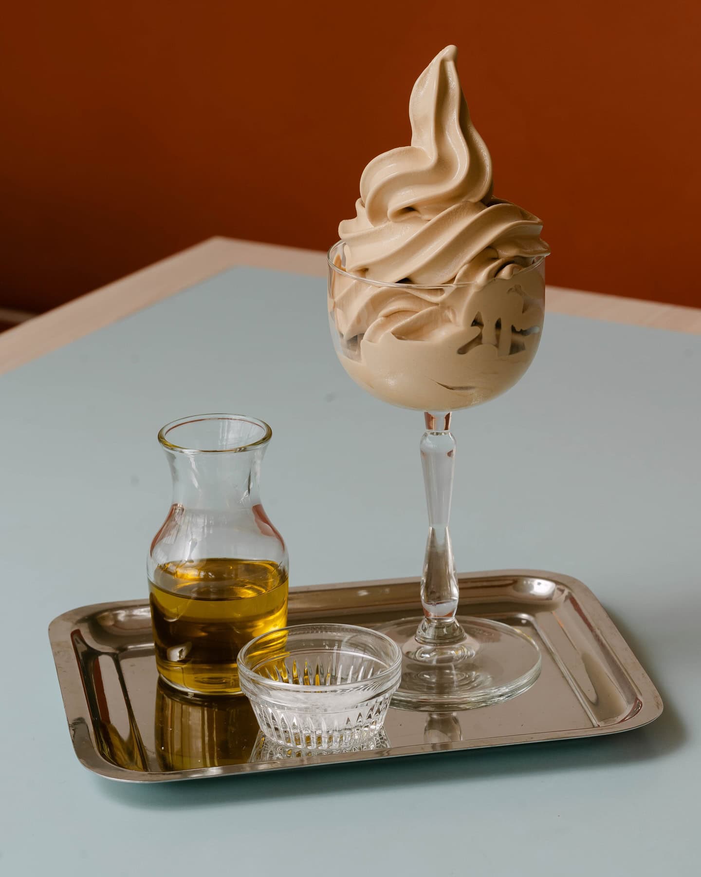 A silver tray topped with the elements to create an affogato at seaside restaurant Bobby's in Cronulla.