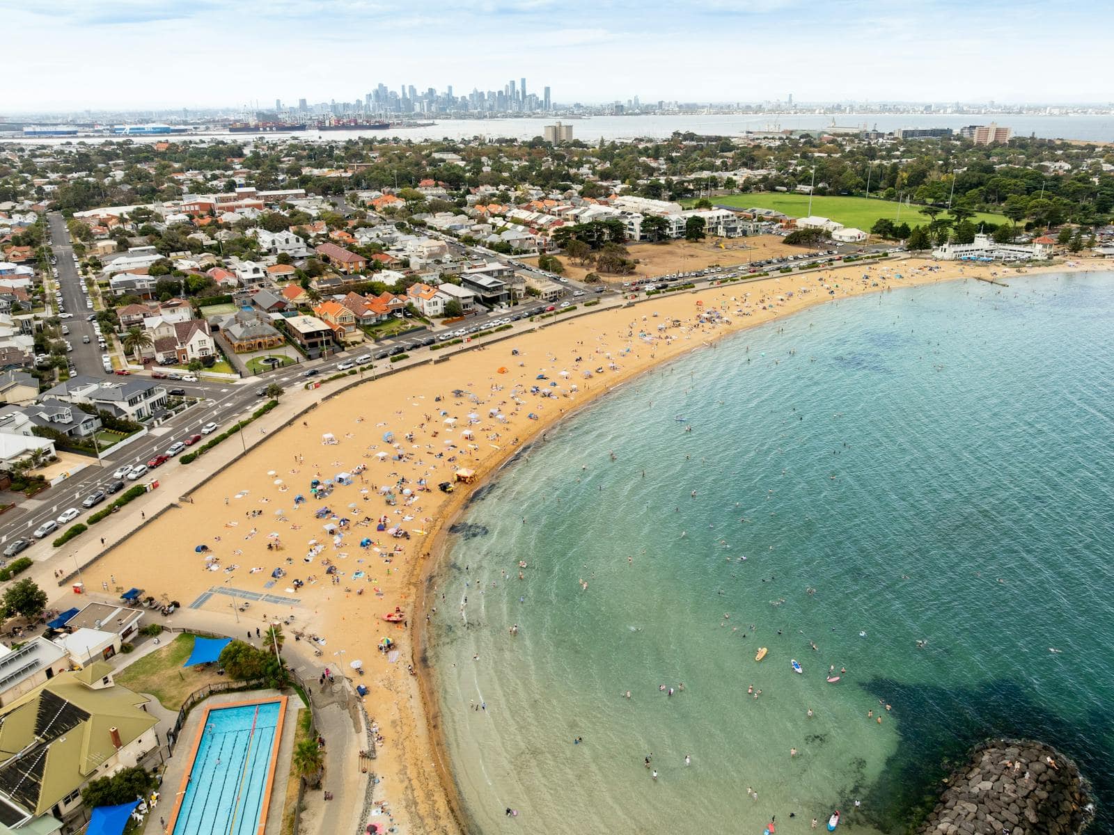 Birds eye view of Williamstown and Williamstown Beach in Melbourne