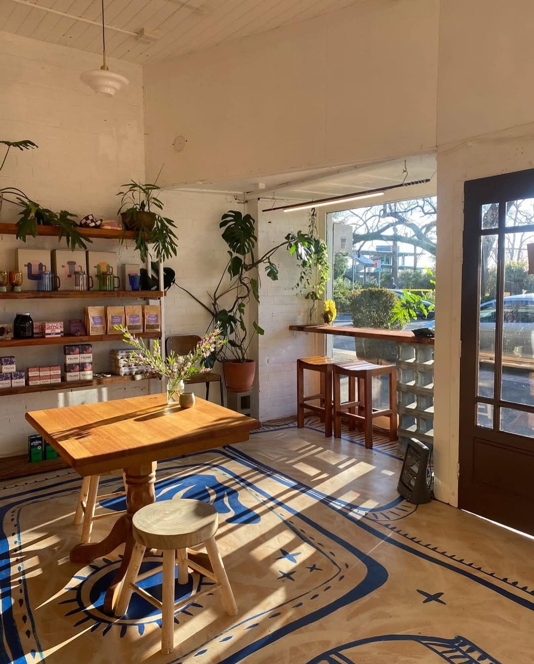 Sunlit cafe interior with plants and shelving at Butter Wentworth Falls NSW