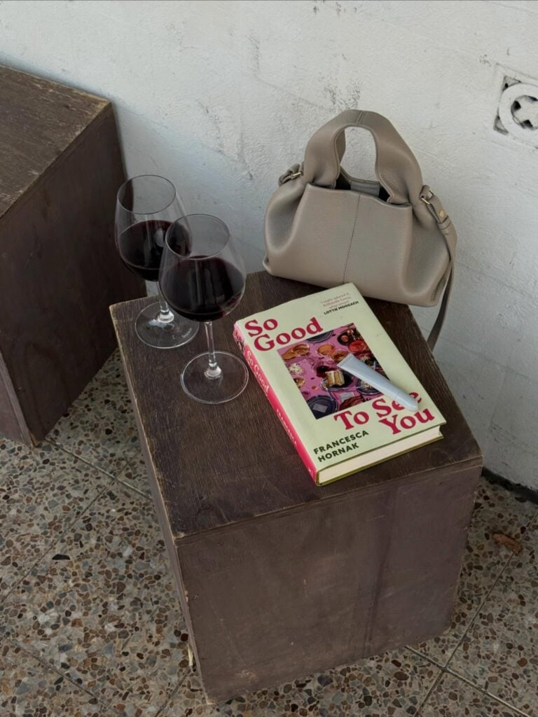Glitter Gel Pen Bookclub red wine glasses and So Good To See You book by Francesca Hornak