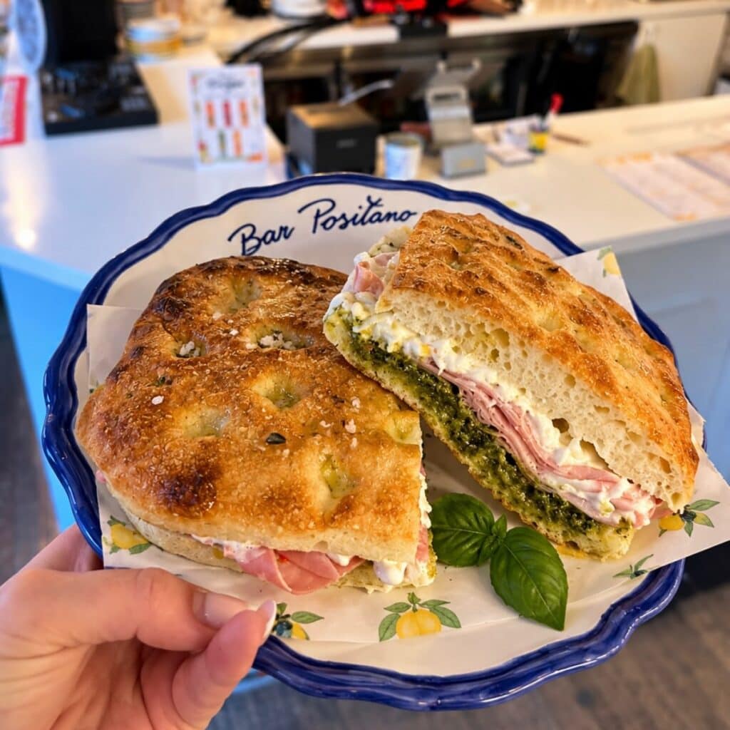 Mortadella, stracciatella and pesto focaccia panino at Bar Positano, Surry Hills Sydney