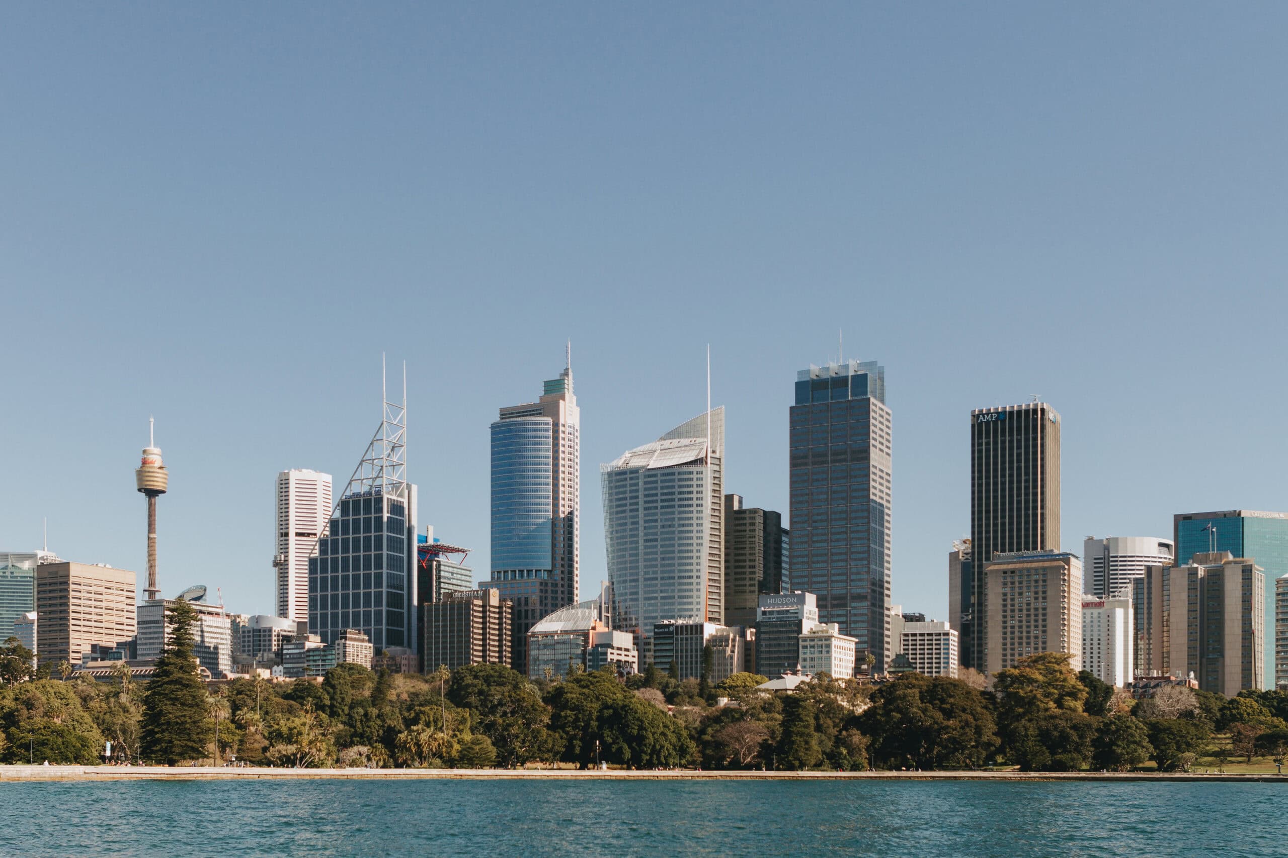 Sydney's iconic city skyline as seen from the harbour, featuring centre point tower.