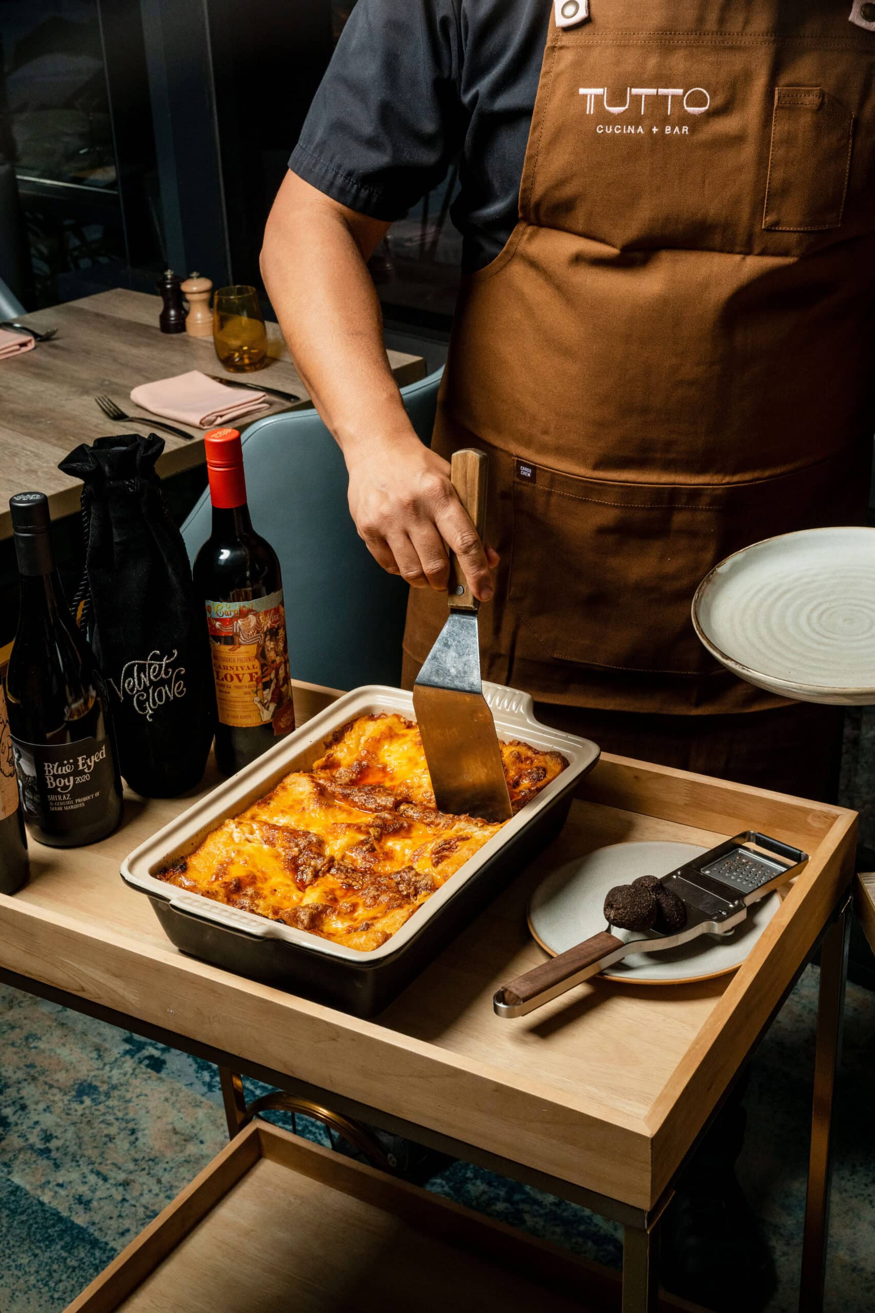 Wagyu lasgane trolley at Tutto Cucina + Bar in Adelaide.