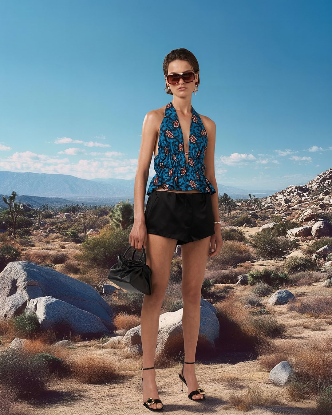 venroy odel wearing blue haltertop and black mini shorts with black heels